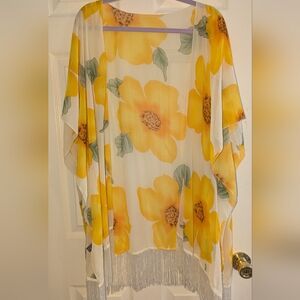 Semi Sheer Bathing Suit Cover - 🌺 hibiscus print with fringe. OSFM